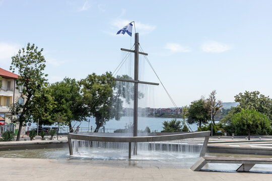 Water Ship Fountain, tourist attractions, sightseeing Tsarevo, Bulgaria: July 15, 2024 . Travel Destination. Green Trees and Black Sea on Background. Horizontal Plane. High quality photo