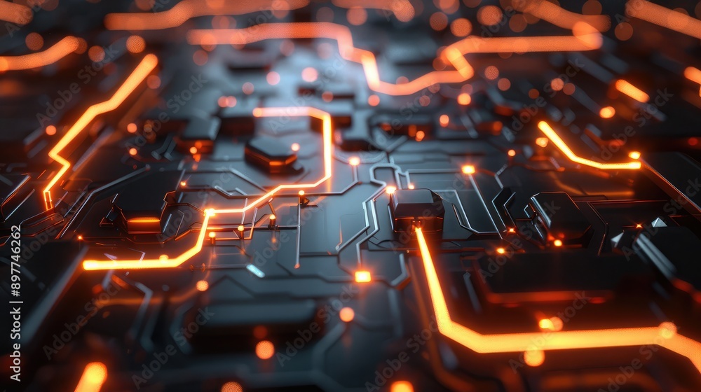 Poster abstract 3d rendering of interconnected circuits and glowing pathways, symbolizing innovation.