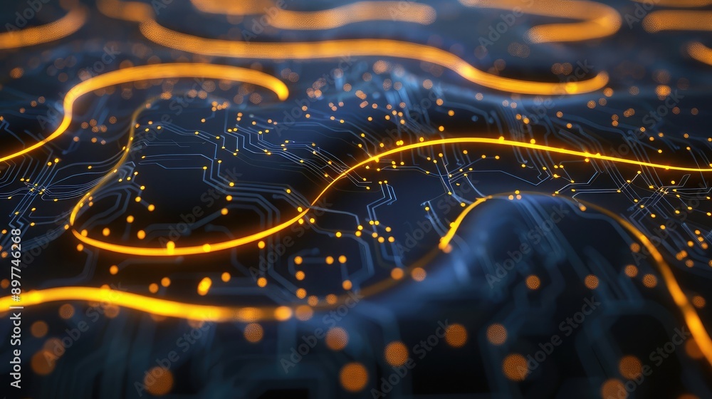 Poster abstract 3d rendering of interconnected circuits and glowing pathways, symbolizing innovation.