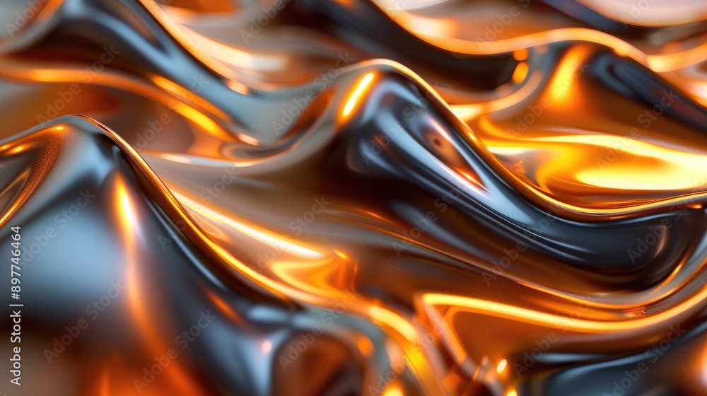 Poster abstract 3d waveforms with a metallic sheen and light reflections, symbolizing advanced technology.