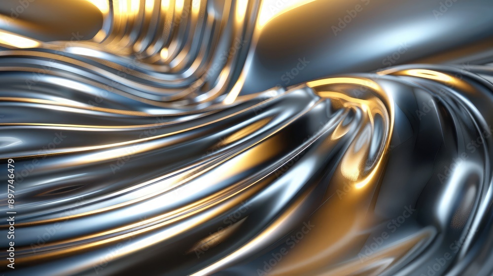 Poster abstract 3d waveforms with a metallic sheen and light reflections, symbolizing advanced technology.
