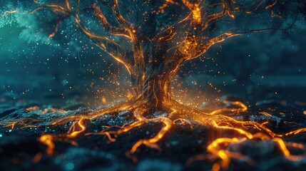 Abstract 3D tree with glowing roots and branches, symbolizing deep environmental connections.