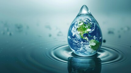 Abstract 3D water droplet with Earth inside, highlighting water conservation and protection.