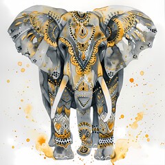 Watercolor Indian elephant with golden pattern on white background. Ganesh Chaturthi. Elephant festival in India. illustration in tribal or boho style for design banner, poster, greeting card, print