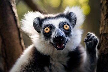 Obraz premium ekscentryczny i ekspresyjny lemur na drzewach