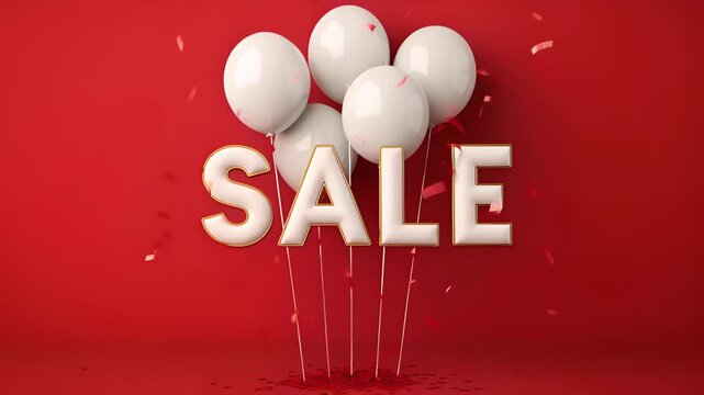 White balloons spell sale against a red background in a captivating video. Ideal for promotions and adverts