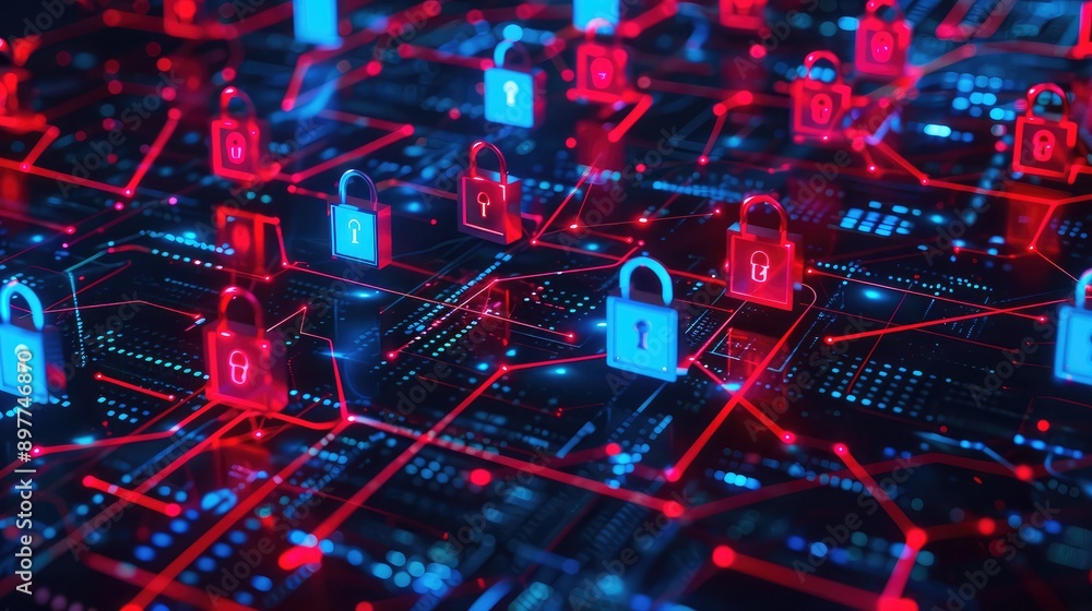Poster abstract digital network with security locks, showcasing advanced cybersecurity measures.