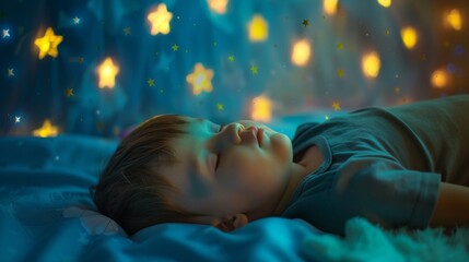 beautiful baby sleeping in his bed with golden stars for night decoration