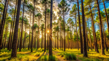 Tall majestic long leaf pine trees stand proudly in a serene forest landscape with soft sunlight filtering through their lush green needles and rusty brown trunks.