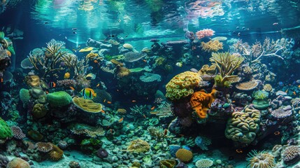 Naklejka premium A panoramic view of a reef tank with vibrant coral and exotic marine life.