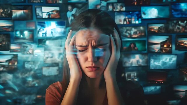 distressed woman covering her ears, head, and face in front of multiple TV screens, overwhelmed and distraught, depicting sensory overload or emotional distress