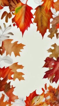 Brightly colored autumn leaves fall gracefully, forming a border on a white background. The vibrant hues of orange, red, and yellow evoke a crisp, fresh morning in fall. Leaves appear to frame the