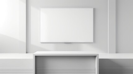 A podium with a minimalist design, positioned in front of a large whiteboard.