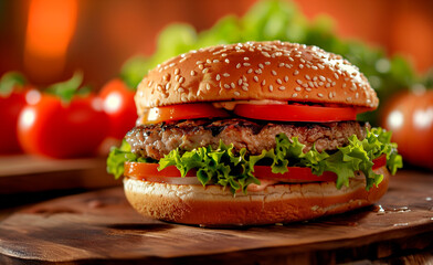 hamburger on a wooden table