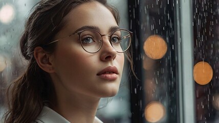 Lady with captivating facial features looking at the pouring rain on the window of the train or bus, the raindrops can also be seen on the other side of the window beside her