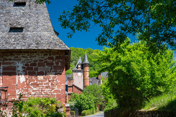 Collonges-la-Rouge village, one of the most beautiful villages in France with houses made from red stones, tourists destination in Dordogne