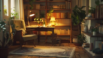 A cozy study room with rustic wooden furniture, comfy reading chair, warm lighting from a desk lamp