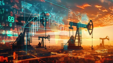 Silhouetted oil pumps in a field at sunset with a superimposed digital screen displaying financial graphs and numbers, representing rising gas prices.