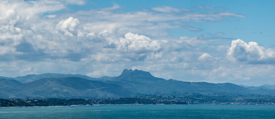 Panoramic view on seashore, cliffs, sandy beaches near touristic Biarritz city, Basque Country, Bay of Biscay of Atlantic ocean, France