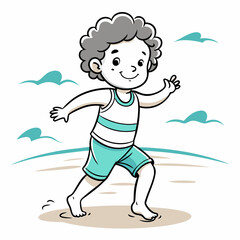 Charming Toddler Dancing at the Beach Coloring Page Lifelike Hands and Nose Vector Art Illustration for Ages 1 to 4