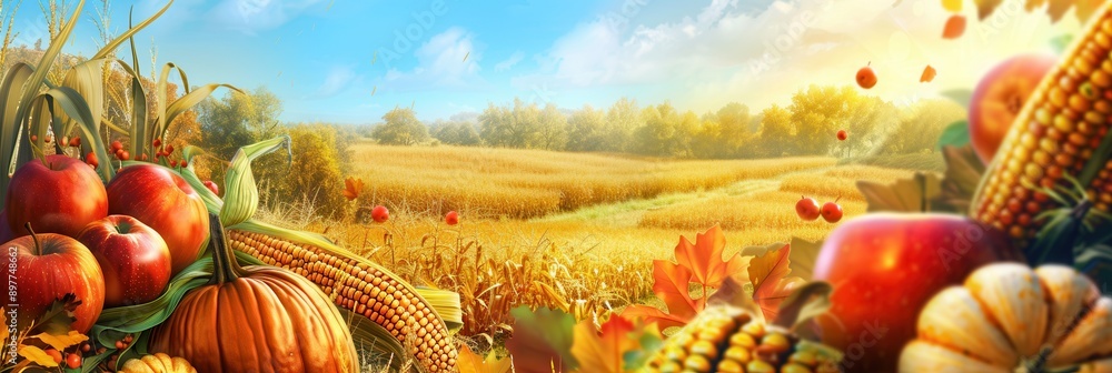 Poster a field of golden wheat in a rural setting, surrounded by an abundance of autumn harvest including c