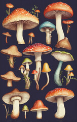 Illustrative and colorful depiction of mushrooms of different kind in color and shape in a drawn appearing retro style