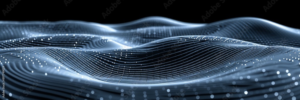 Poster a dynamic 3d visualization showing an abstract digital wave with glowing points set against a dark b