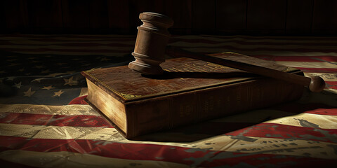 Vigilant Eye of the Judiciary: A gavel resting on a law book, with the shadow of an American flag on the floor behind it