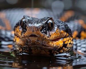 Venomous Water Moccasin Swimming in Swamp with Exposed Fangs