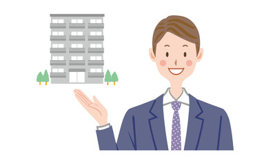 マンションを案内するスーツの男性のイラスト　不動産　家　営業

