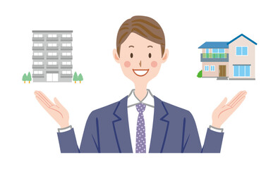  戸建てかマンションかの選択肢を提案するスーツの男性のイラスト　不動産　営業