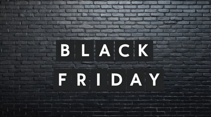 Fototapeta premium Background with black brick wall, with word black friday, concept of promotion and offer.