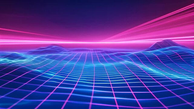 computergenerated futuristic landscape with neon lights and a grid backdrop