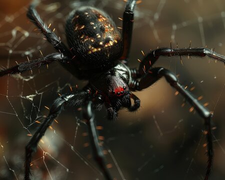 Menacing Black Widow Spider with Red Hourglass Marking in Dark Corner