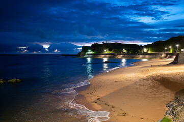 Ciboure and Saint Jean de Luz bay and sandy beach on Basque coast on sunset, famous resorts, known for beautiful architecture, nature and cuisine, South of France, Basque Country