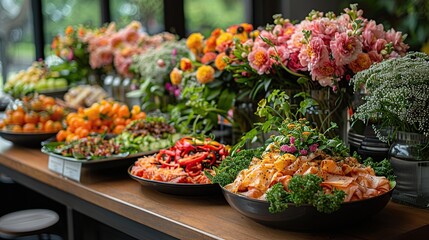 Fototapeta premium A Delicious Spread of Food and Flowers