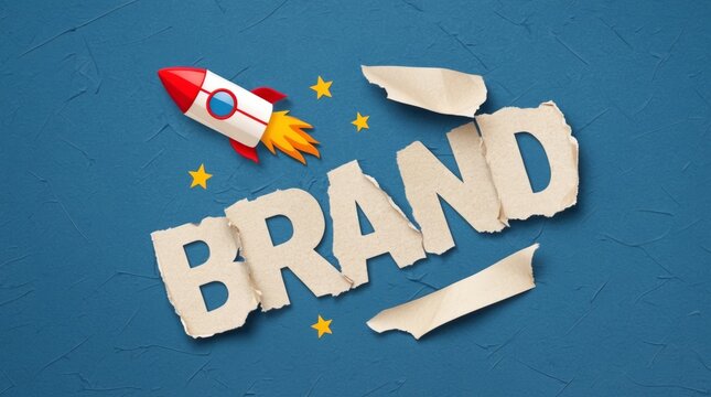 Blue background with rocket and torn paper with word brand, business and startup concept.