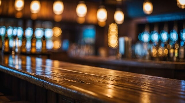 Wooden bar counter, bar with drinks in the background, bokeh background.