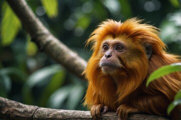 Fototapeta premium Golden lion tamarin on a tree branch, forest in the background, bokeh background, wildlife concept.