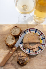 Foie gras fat liver specialty food product made of liver of a duck or goose fattened by force feeding, served in French restaurant in Perigoed, Dordogne, close up © barmalini