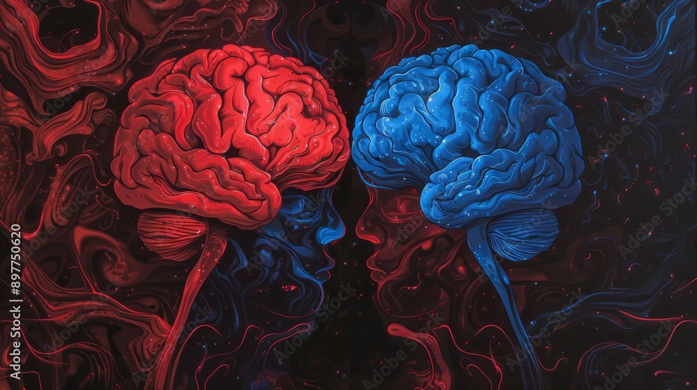 Poster abstract art illustrating two brains, highlighting differences in thought processes and neural netwo