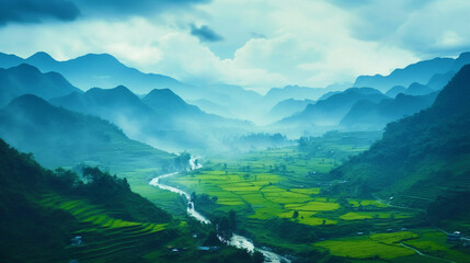 Fototapeta premium panorama banner background of terrace rice field landscape scene