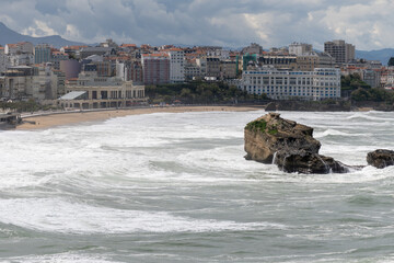 Panoramic view on cliffs, houses, sandy beaches of touristic Biarritz city, Basque Country, Bay of Biscay of Atlantic ocean, France