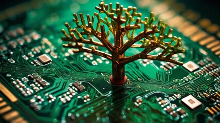 Obraz premium Small tree growing from a microchip on a circuit board, technology and sustainability concept.
