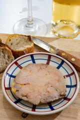 Foie gras fat liver specialty food product made of liver of a duck or goose fattened by force feeding, served in French restaurant in Perigoed, Dordogne, close up