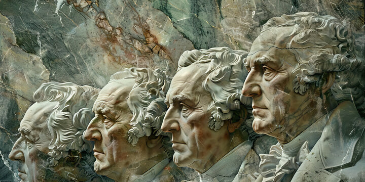 Guardians of the Constitution: Portraits of U.S. founding fathers adorn a solemn-looking marble wall