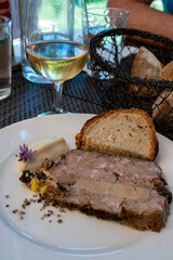 Terrine foie gras fat liver specialty food product made of liver of a duck or goose fattened by force feeding, served in French restaurant in Perigoed, Dordogne, close up