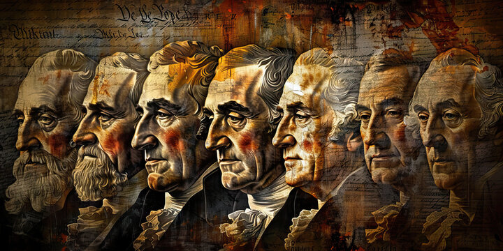 Guardians of the Constitution: Portraits of U.S. founding fathers adorn a solemn-looking marble wall