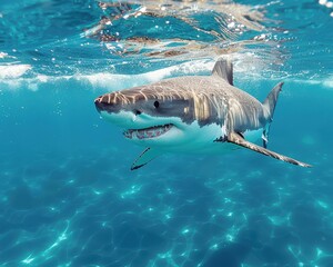 Fototapeta premium Majestic Great White Shark Gliding Under Clear Blue Water with Dorsal Fin Above Waves
