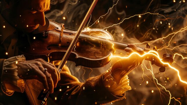 Young man playing the violin with passion and energy. The background sparkles with lightning and energy swirls enhancing the electric style. 